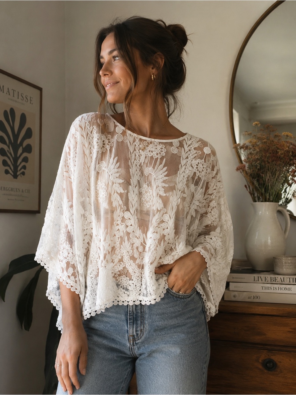 Gibson Latimer White Embroidered Lace Kimono Top Boho Sheer Flowy Cover Up Large